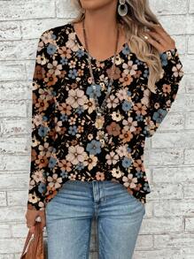 EMERY ROSE Áo thun tay dài in họa tiết hoa cổ điển, dáng rộng, cỡ lớn dành cho nữ, phù hợp cho mùa xuân và mùa thu - Nhiều màu - Xem 1