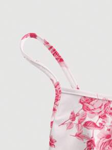 SHEIN MOD 休闲简约蓝色花卉印花腰部褶皱宽松下摆可调节肩带连衣裙，适合夏季