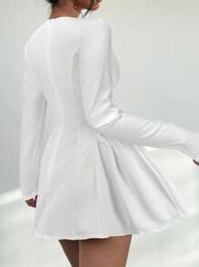 Aloruh Women's Elegant Sexy Solid Color Pleated Deep V-Neck Mini Dress - White - View 2