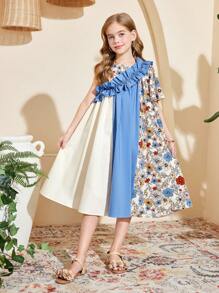 SHEIN Leap Crew Tween Girl 碎花撞色拼接不对称荷叶边下摆 A 字短袖连衣裙 - 粉色 - 查看 5