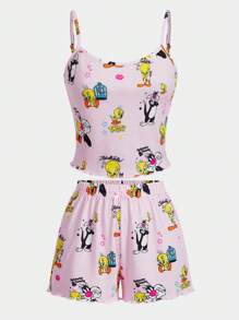 LOONEY TUNES X SHEIN Women Pink Cute Tweety & Sylvester Cartoon Print Cami Top And Shorts Pajama Sets, Summer Sets For Women Women Pajamas Family Women Sleepwear Two Pieces Summer Outfits - Pink - View 3