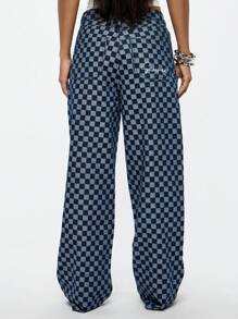 SUMWON WOMEN Street Check Wide Leg Carpenter Denim Jeans - Blue - View 2