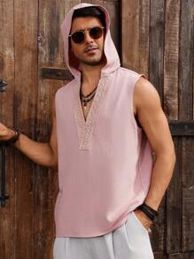 Genlund Manfinity Nomadique Men's Solid Color Pink Contrast Lace Sleeveless Hooded Shirt - Pink - View 6