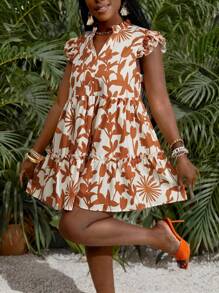 Slaydiva 新款春夏休闲度假小立领+V领飞褶盖袖多层蛋糕裙下摆杏色底橙花迷你裙女迷你连衣裙-M