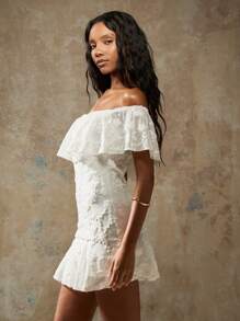 MISSGUIDED Off Shoulder Ruffle Mini Dress Lace Overlay Summer Wedding Guest Special Occasion Party A-Line Dress