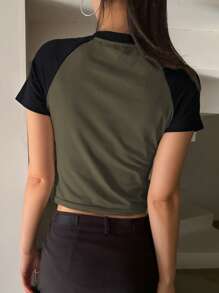 DAZY Star Print Raglan Sleeve Crop Tee Y2k - Olive Green - View 6