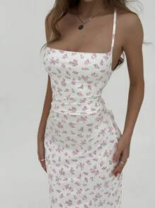 Manon Tanti 浪漫约会碎花吊带露背连衣裙，粉色和雏菊图案，春夏，白色毕业礼服 - 淺粉色 - 查看 9