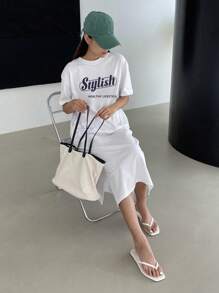 DAZY Slogan Graphic Drop Shoulder Tee Dress Sundress,Casual Women Dresses - White - View 8