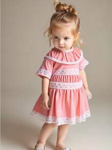 Baby Mädchen süß & liebenswert rosa Spitzen-Saum Eleganz Kleid, Sommer - Pink - Übersicht 1