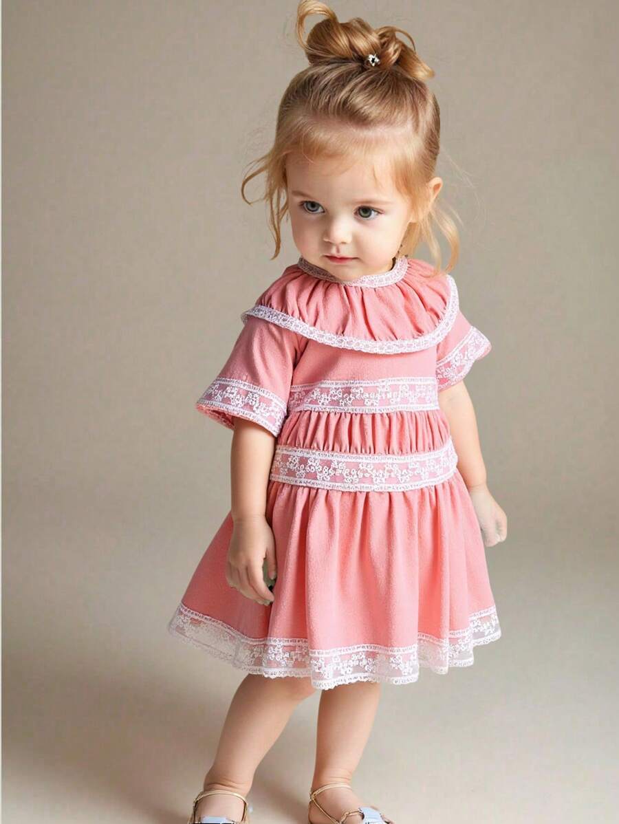Baby Mädchen süß & liebenswert rosa Spitzen-Saum Eleganz Kleid, Sommer - Pink - Übersicht 1