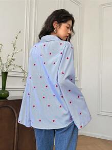 EastFlair New Chinese Style Heart Striped Print V-Neck Flare Sleeve Button Front Ladies Blouse