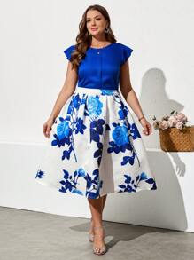 Ellevyn Conjunto de talla grande de dos piezas elegante para ocasiones festivas: blusa de cuello redondo con puños con volantes de color liso y falda larga y de cintura alta con estampado de rosas - Azul - Ver 3
