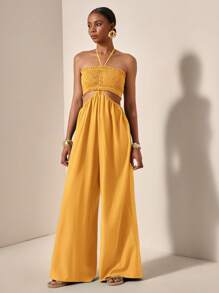 Slaydiva Women's Vacation Solid Color Shirred Waist Hollow Out Halter Wide Leg Jumpsuit - Yellow - View 5