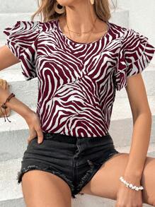 SHEIN Essnce Blusa de cuello redondo con doble capa y mangas cortas con estampado de cebra de verano - Multicolor - Ver 1