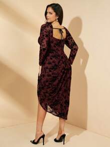 SHEIN BAE Vestido plisado de encaje de manga larga ligeramente transparente y longitud media para mujer de talla grande, adecuado para otoño e invierno, atuendo para fiestas navideñas, atuendos de cumpleaños para mujer, vestidos para vacaciones, vestido ajustado, vestido formal, salida nocturna, vestido de novia, negro, vestido de noche, vestidos de graduación, vestido negro elegante, vestido largo, vestidos de curvas