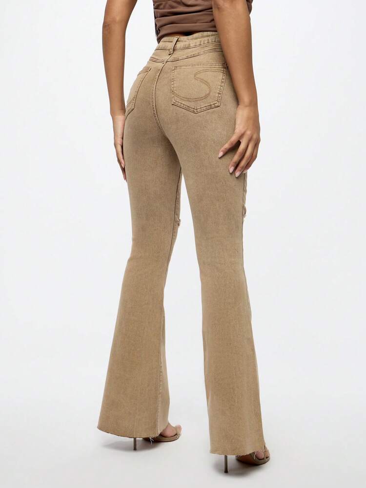 SUMWON WOMEN High Waist Bootcut Flare Jeans With Distressed Knee Details