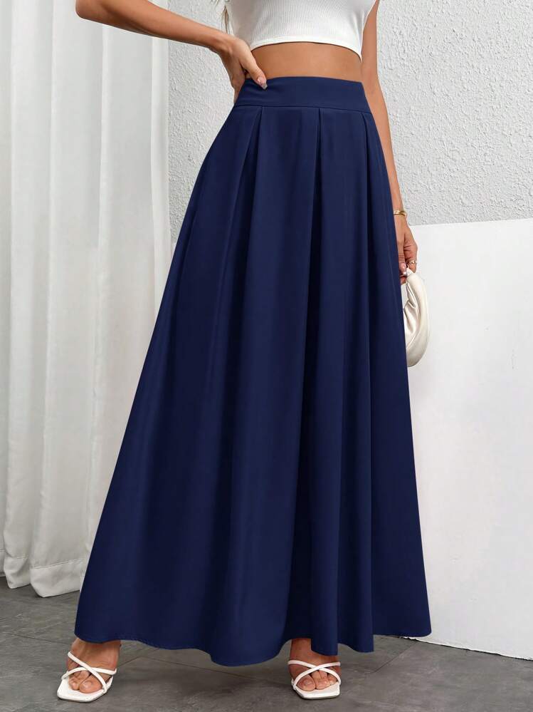 Firerie Women High Waist Pleated Long Skirt, Solid Color - Navy Blue - View 1