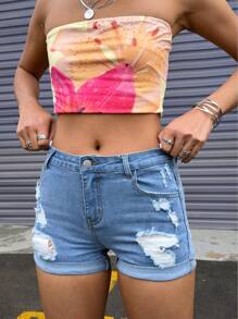 SHEIN Girlism Teen Girls Y2K Spring Summer Break Light Washed Low Waist Ripped Raw Hem Denim Jeans Mini Shorts,Summer Boho Beach Holiday Concert Rave Festival Graduation Outfits - Light Wash - View 5