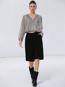 SHEIN Privé 女士优雅雪纺 V 领褶皱下摆长袖衬衫，百搭度假装 - 彩色 - 查看 3