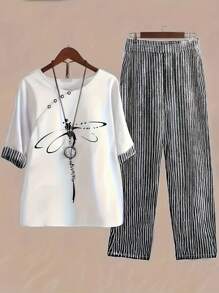 Women 2 Pieces Set: Round Neck Short Sleeve T-Shirt And Pants, Minimalist And Fashionable, Suitable For Summer - White - View 1