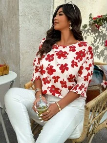 SHEIN LUNE Áo thun tay cánh dơi in hoa cỡ lớn thường ngày đi nghỉ - Nhiều màu - Xem 4