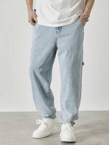 Claim Dot Men's Light Blue Washed Loose Straight Leg Casual Jeans, Urban Chill - Light Wash - View 3