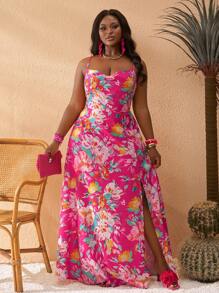 Slaydiva Plus Size Women's Boho Maxi Dress: Pink Floral Print, Sleeveless With Cowl Neck And High Slit - Multicolor - View 5