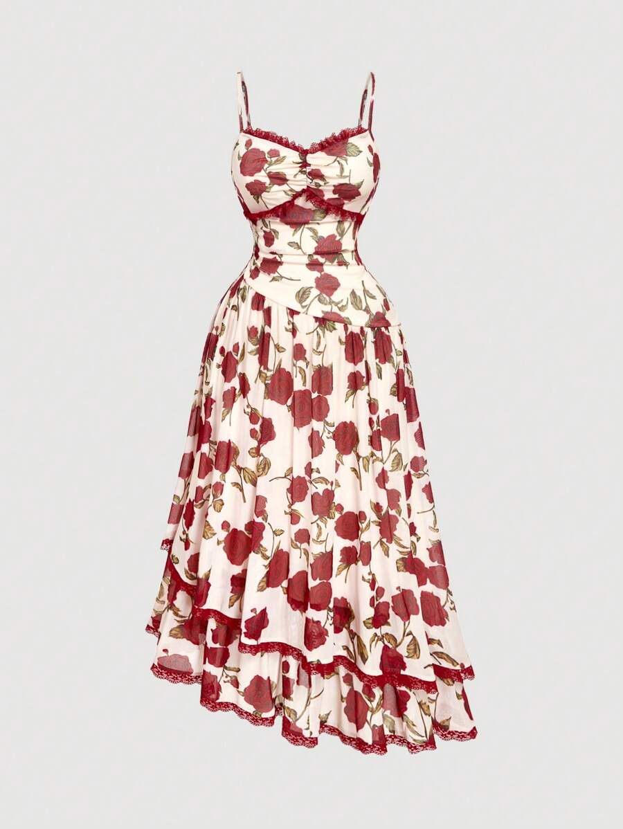 SHEIN MOD 大码复古宫廷风格细肩带蕾丝腰部分层荷叶边下摆玫瑰花卉印花连衣裙