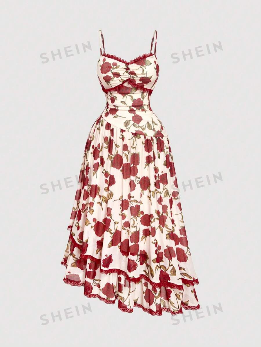 SHEIN MOD Vestido de talla grande con estampado floral de rosa, de estilo palaciego vintage, con tirantes de espagueti, cintura de encaje y volantes en el bajo