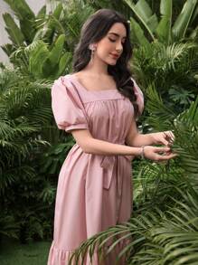 Modelyn فستان طويل للنساء مزود بحزام وياقة مربعة - وردي - مشاهدة 3