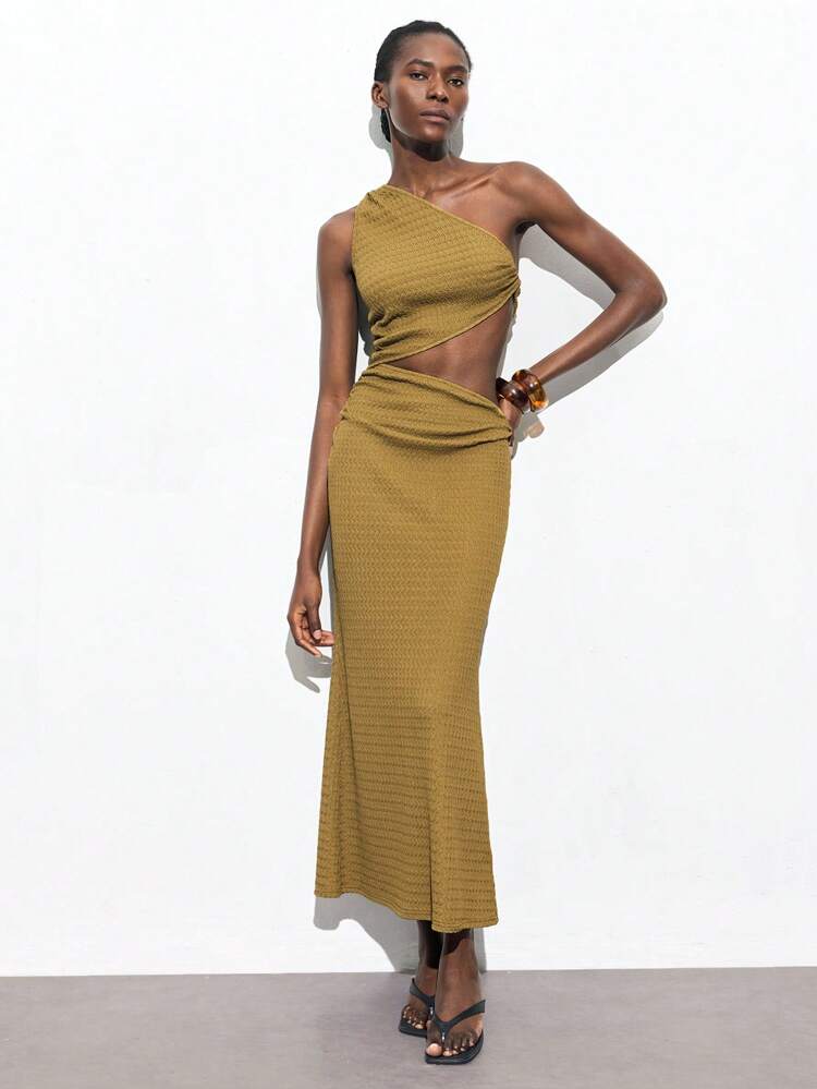 SHEIN Maija 2025 New Asymmetrical Cut-Out Waist Asymmetric Shoulder Slit Side Romantic Urban Resort Vacation Casual Dress, Suitable For Festivals, Weddings, Parties, Graduation, St. Patrick's Day, Spring Break, Easter,Autumn Clothes For Women