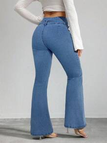 SHEIN Tall Jeans de talle alto con piernas acampanadas y elásticos para mujeres, pantalones vaqueros de talle alto azules para mujeres altas, pantalones para mujeres altas, jeans acampanados para mujeres altas, jeans para mujeres altas en verano
