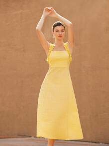 Aveloria Rosie Pale Yellow Asymmetrical Bubble Geometric Embossed Textured Fabric Ruffled Shoulder Strap Romantic Elegant Waisted Vacation Slip Dress For Women  Old Money Style For Summer - Yellow - View 3