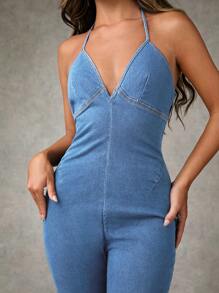 SHEIN BAE 女士牛仔背带裤和连体裤，简约时尚的设计，适合夏季 - 淺色水洗藍 - 查看 3