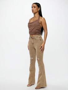 SUMWON WOMEN High Waist Bootcut Flare Jeans With Distressed Knee Details, Stretch Comfort Denim, Perfect For Fall Winter Fashion, Casual To Semi-Formal Wear - Khaki - View 4