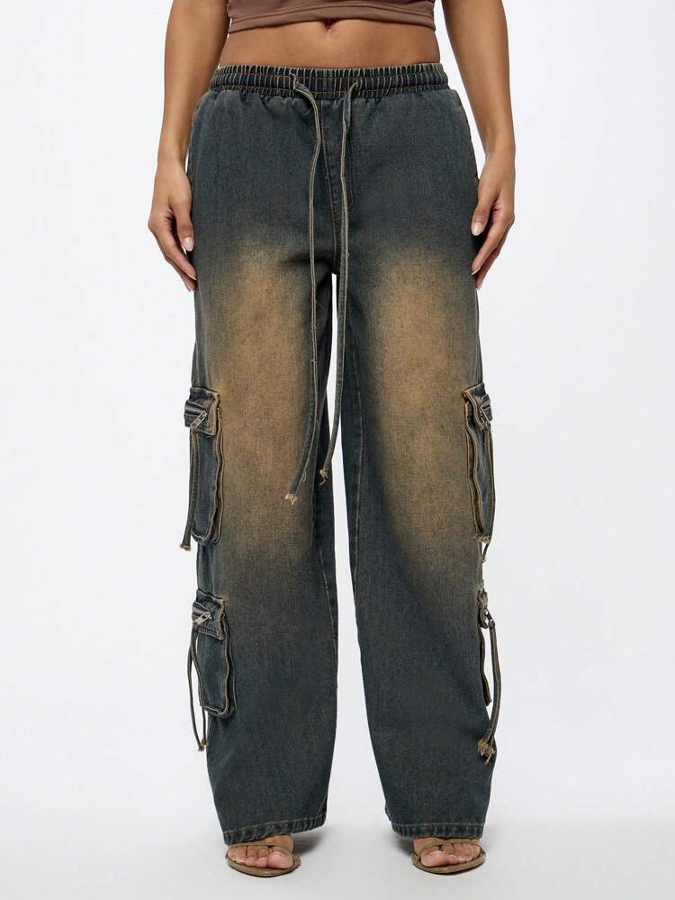 SUMWON WOMEN 허리 조임끈이 달린 헐렁한 카고 청바지