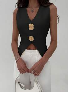 Aloruh Solid Color V-Neck Asymmetric Sleeveless Summer Knit Top - Black - View 3