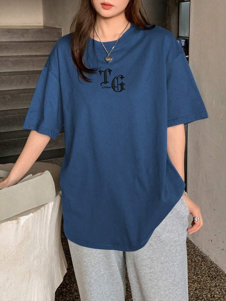 Summer Short Sleeve Oversized T-Shirt With Letter Print Preppy Tops