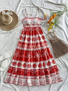 Soleia Vestido largo de línea A con estampado de elementos oceánicos en rojo y albaricoque para mujer, vestido casual de verano sin mangas con estampado de estrellas de mar, conchas y algas para la playa