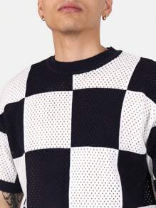 SUMWON Kariert gehäkeltes Kurzarm T-Shirt, Retro Urban Streetwear Sommer Lässig Mesh Muster Klassisches Quadratisches Design Mode - Blau-Weiß - Übersicht 4