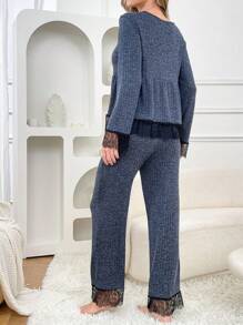 Set de pijama de 2 piezas para mujer con cuello redondo y patchwork de encaje