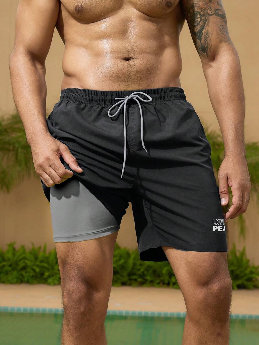 Surfspeed Men Plus Size Holiday Beach Pool Letter Printed Elastic Waist Swim Shorts With Mesh Lining Milk Silk Lining - Black - View 1