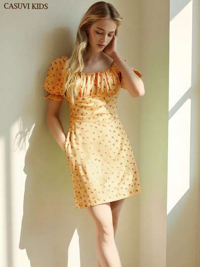 SHEIN Explorewe 1 件女童复古樱桃印花方领 A 字裙