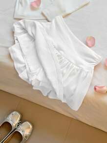 Comfortcana Women Solid Color Minimalist Design Skirt, Suitable For Summer White Ruffle Shorts - White - View 4