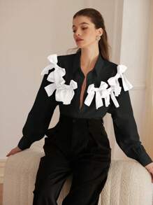 GENKIRA 法式风格甜美浪漫双色 3D 蝴蝶结装饰女童长袖衬衫女士秋季衬衫，节日派对服装可爱有趣的纽扣衬衫女士 - 彩色 - 查看 3