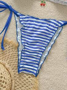 Swim Mod Springbreak Women Summer Cherries Print Triangle Halter Cherries Decor & Blue Striped Bikini Bottom Cute & Sexy Swimwear Set - Blue and White - View 4