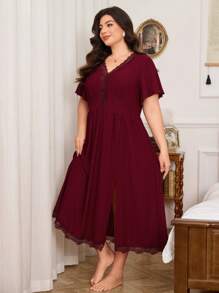 Trezura 大码女式蕾丝 V 领休闲提花束腰喇叭袖睡袍 - 酒紅色 - 查看 5