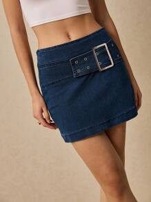 Poéselle Poeselle Jeans Skirt,Mini Skirt,Denim Skirt,Belt Buckle Decoration,Music Festival Costume,Women Skirts,Summer Women Outfit,Women's Low Waist Metal Buckle Decor Denim Mini Skirt,Suitable For Daily, Street, Holiday, Commuting And Other Occasions To Wear