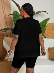 Slaydiva 2 件套大码女士休闲可爱卡通熊短袖 T 恤和短裤套装，夏季 - 黑色 - 查看 6