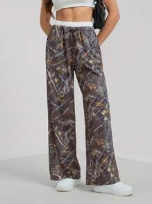 SHEIN Tall Women's Branch Print Drawstring Waist Wide-Leg Casual Pants, Tall Women - Multicolor - View 1